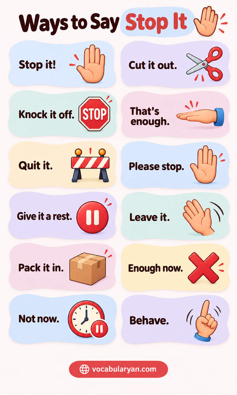 Ways to say stop it in English shown as synonyms and phrases for English conversation and speaking