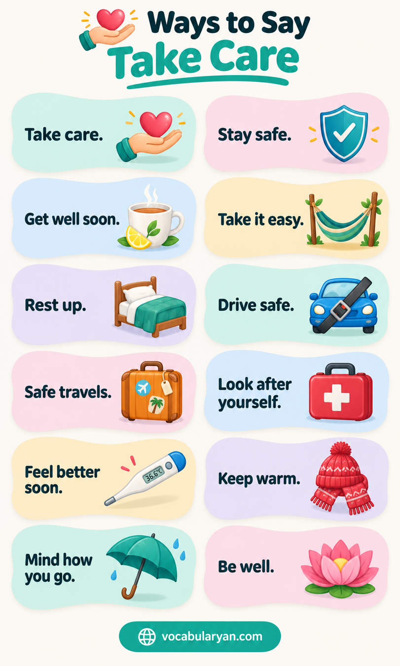 Ways to say take care in English shown as synonyms and phrases for English conversation and speaking