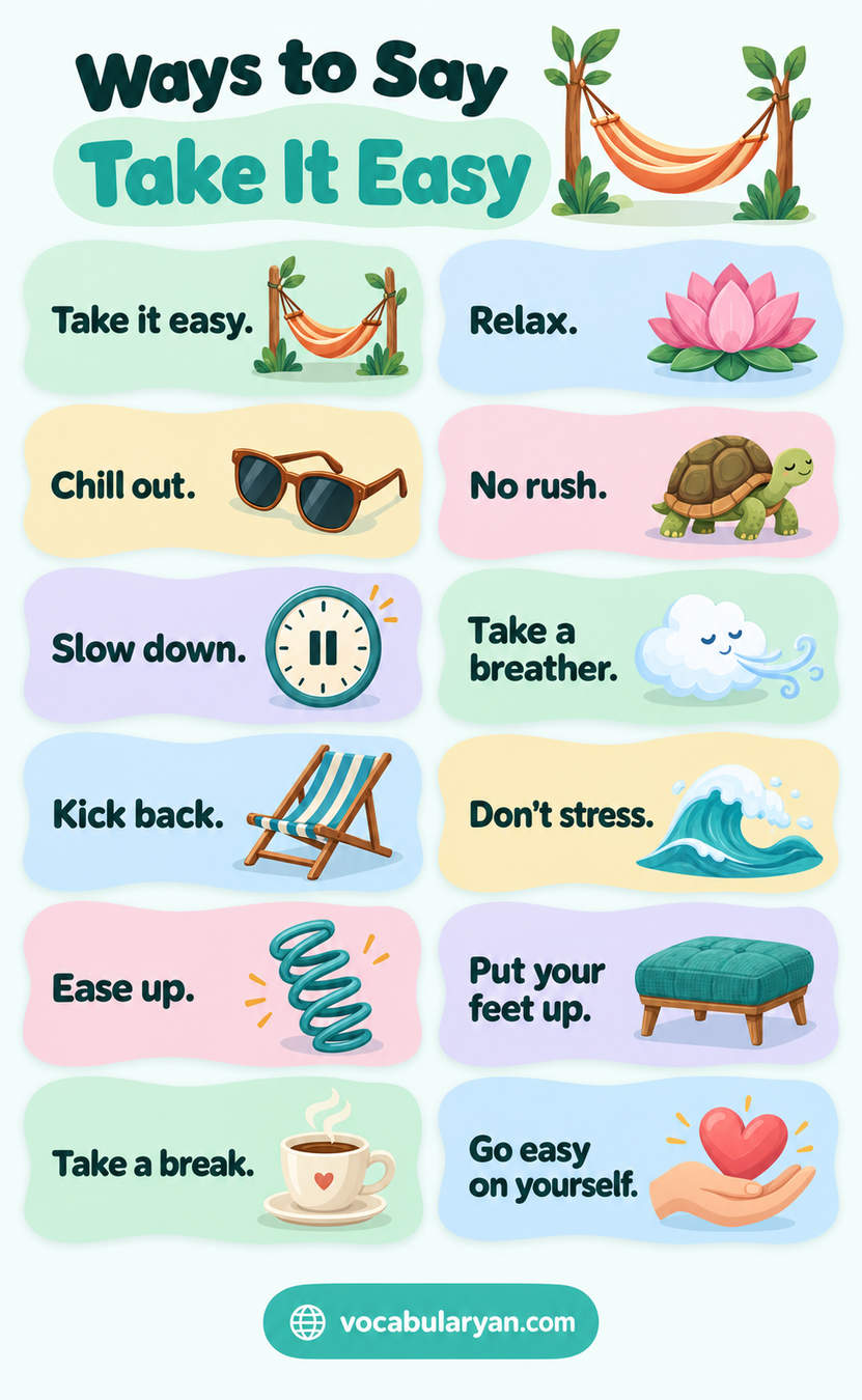Ways to say take it easy in English with synonyms and examples for speaking and writing