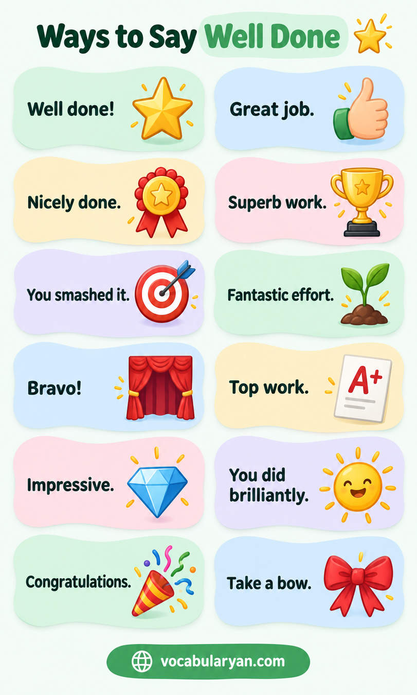 Ways to say well done in English with synonyms and example sentences for everyday English conversation