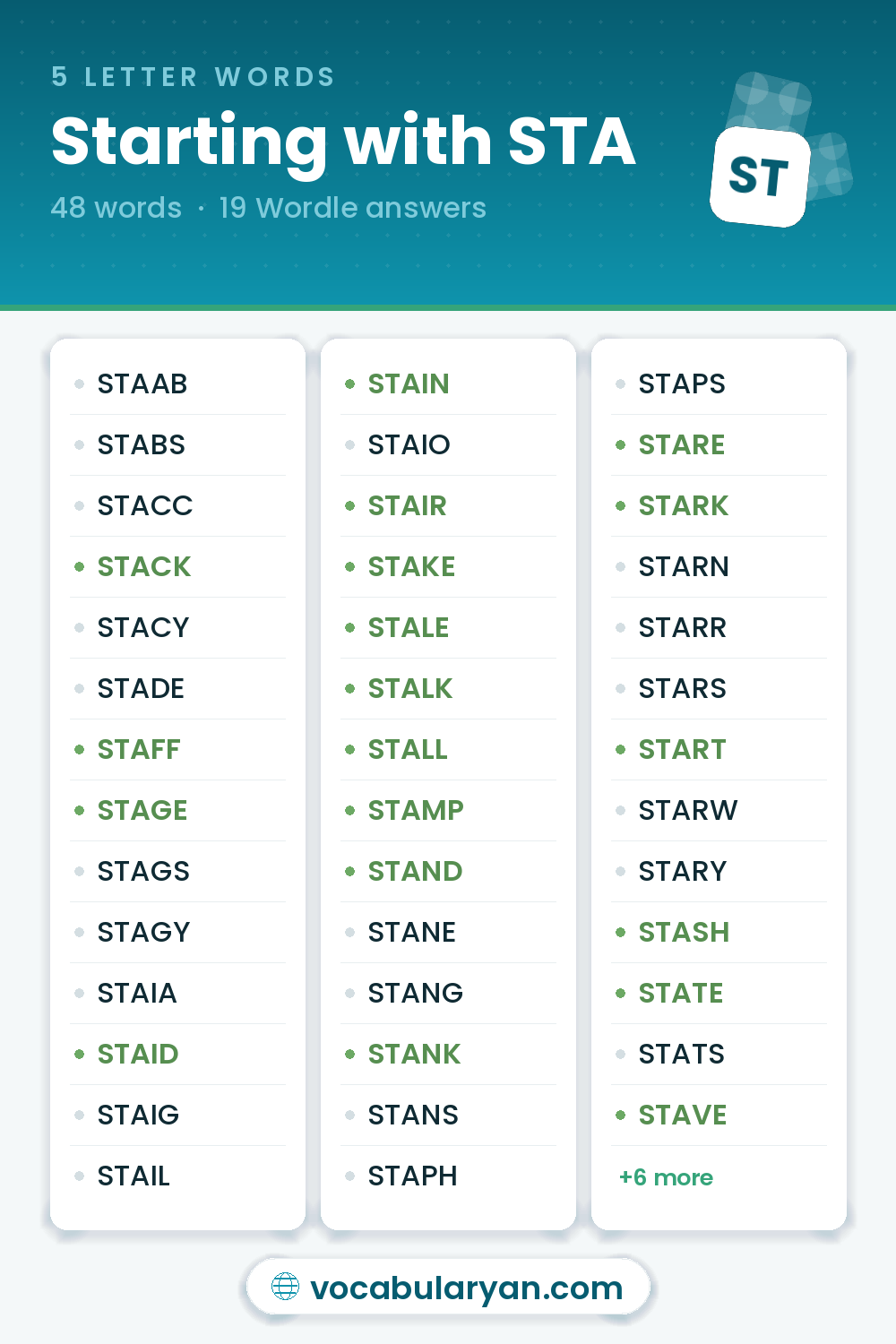 5 Letter Words Starting with STA with Wordle answers like STACK, STAFF, and STAGE