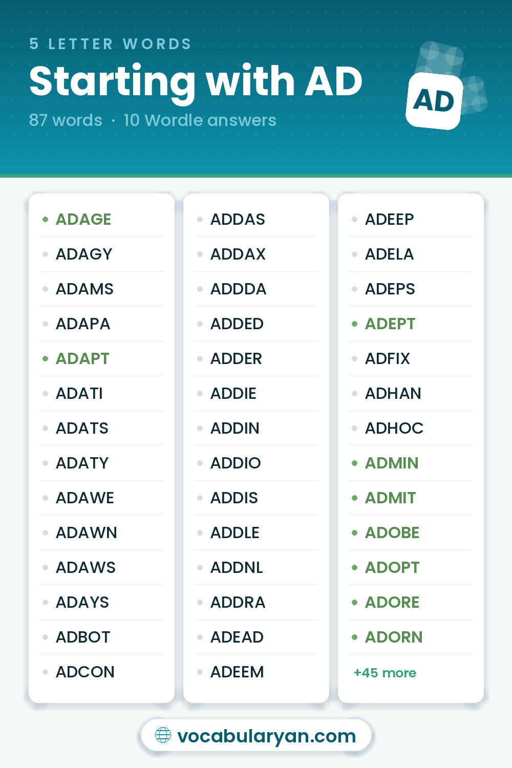 5 Letter Words Starting with AD such as ADAGE, ADAPT, and ADEPT
