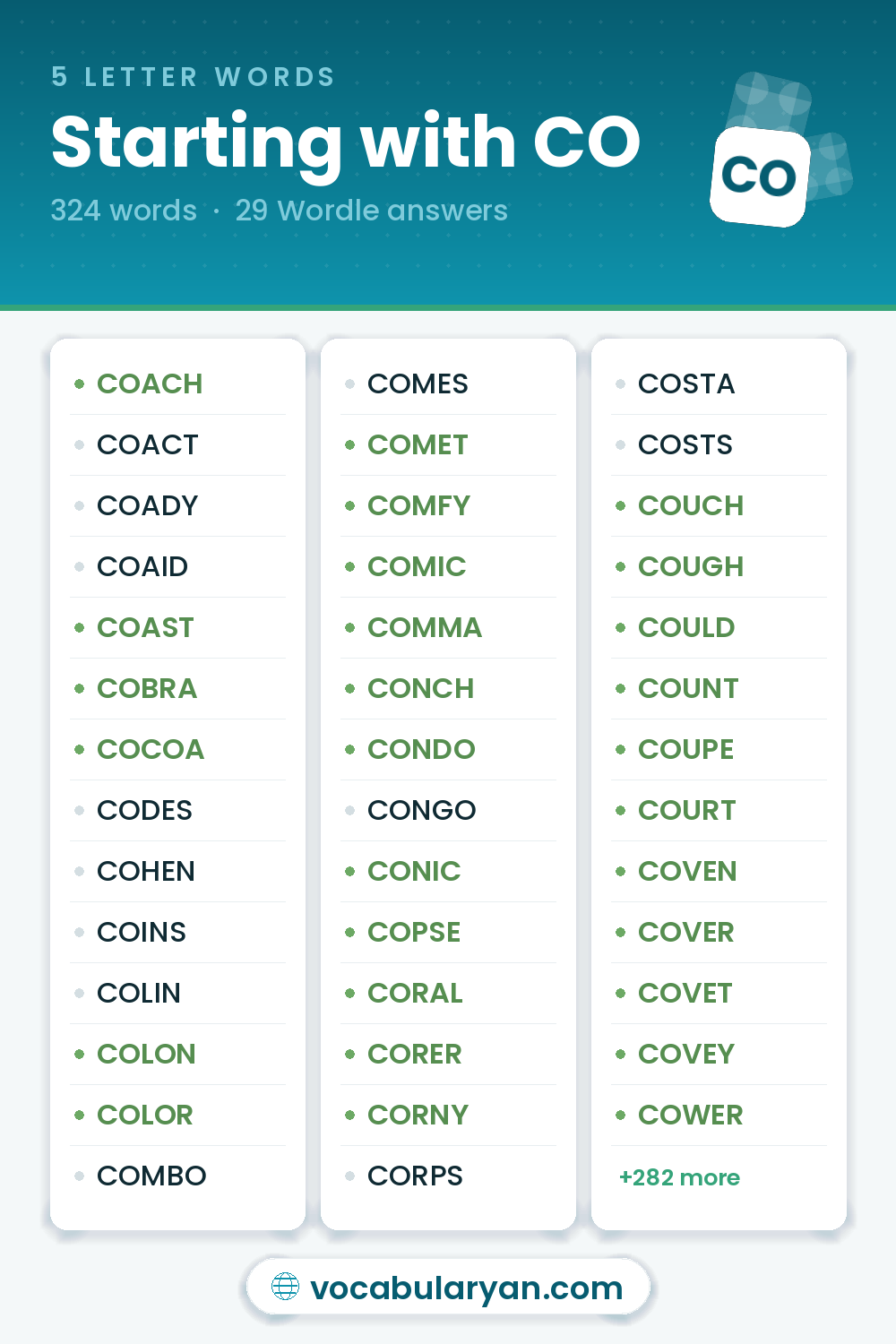 5 Letter Words Starting with CO with answers like COACH, COAST, and COBRA