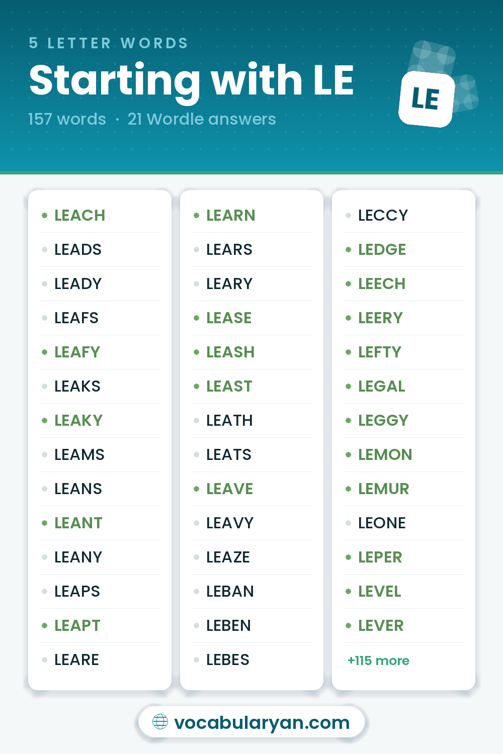 5 Letter Words Starting with LE with Wordle answers like LEACH, LEAFY, and LEAKY