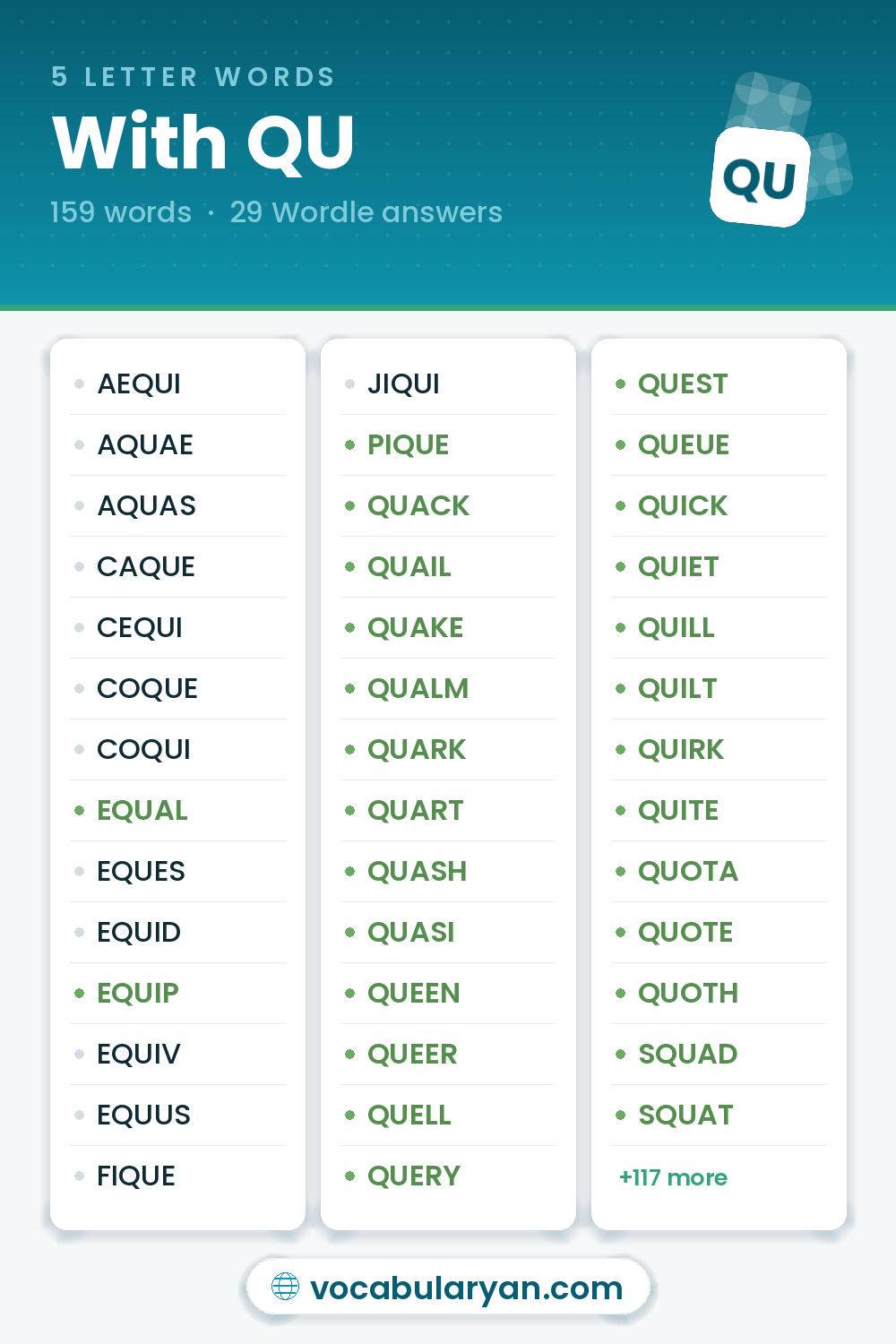 5 Letter Words With QU with Wordle answers like EQUAL, EQUIP, and PIQUE